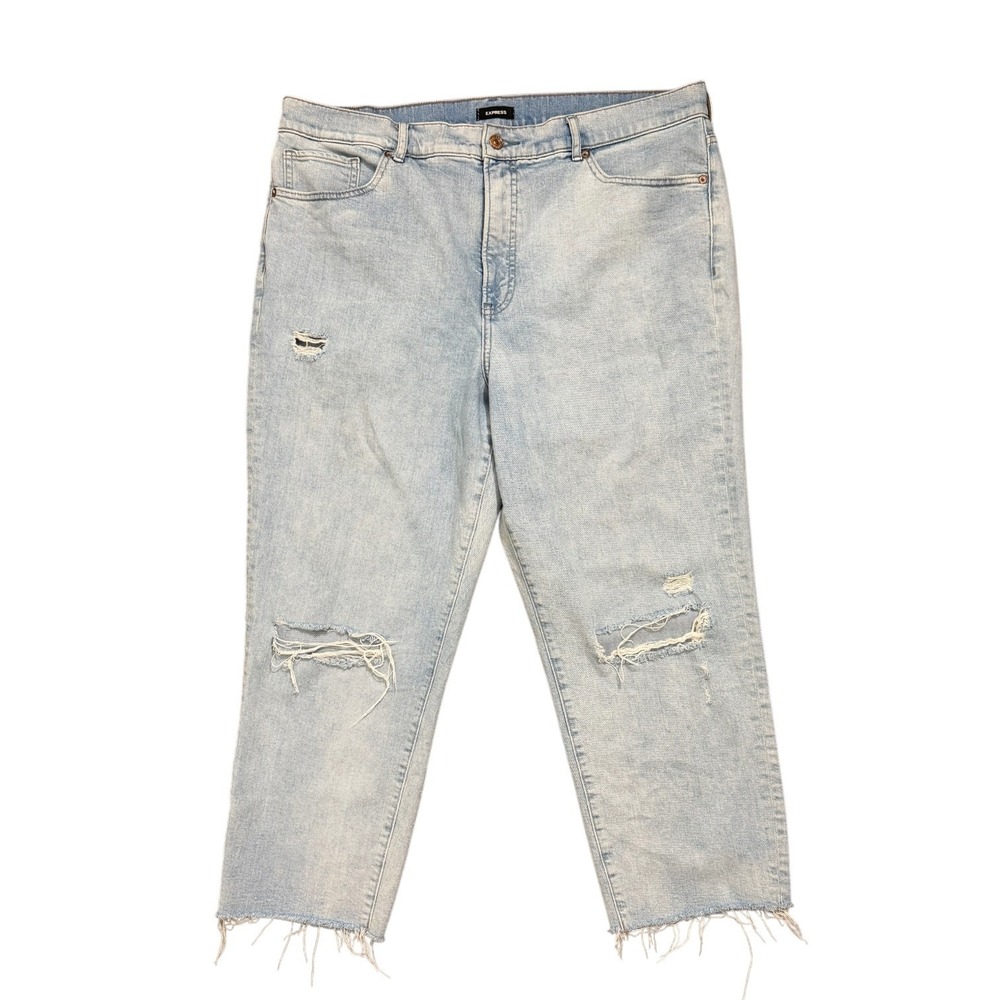 Express Mom Jean Super High Rise Light Wash Distressed Denim Pants Raw Hem SZ 14
